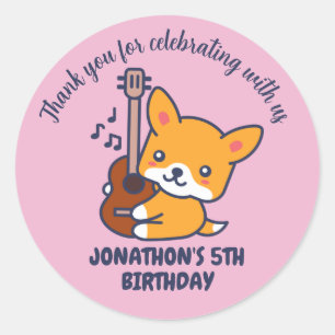 Cute Dog Play Guitar Kids Birthday Party Classic Round Sticker