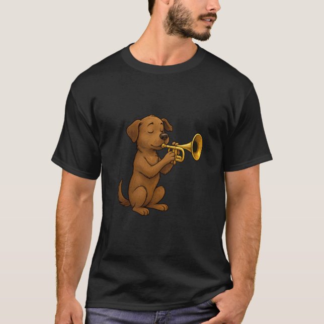 Cute Dog Playing Trumpet, Funny Dog Trumpet T-Shirt (Front)