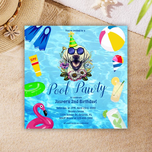Cute Dog Pool Party Birthday Invitation (Cute Dog Pool Party Birthday Invitation)