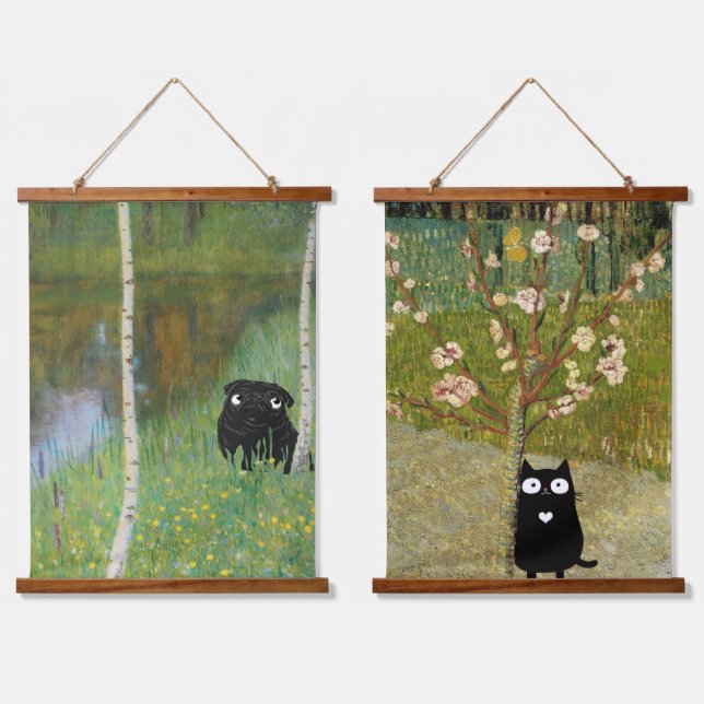 Cute Dog Pug Gustav Klimt Forest Hanging Tapestry (Double)