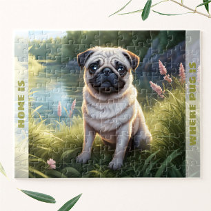 Cute Dog Pug Puppy Custom Name Jigsaw Puzzle