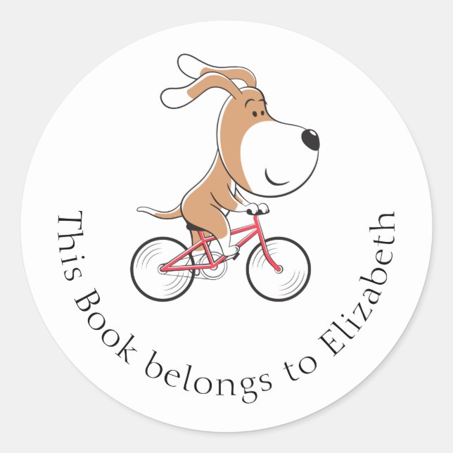 Cute Dog Puppy Bicycle Bookplate This Book Belongs Classic Round Sticker (Front)