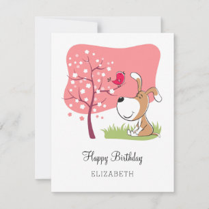 Cute Dog Puppy Bird Flower Blooming Pink Card