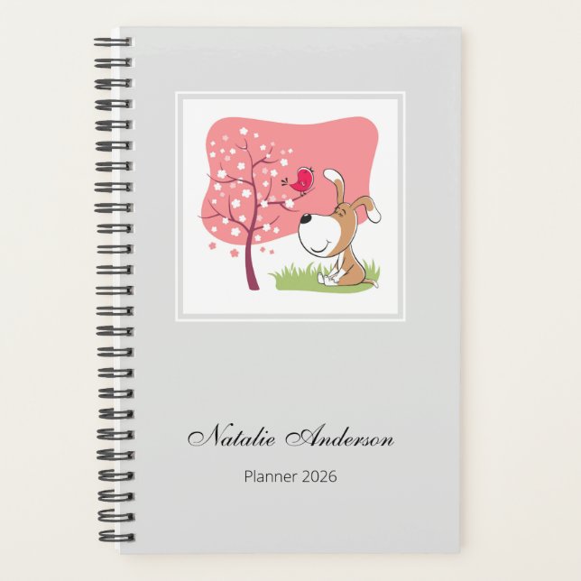 Cute Dog Puppy Blooming Tree 2026 Personalized Planner (Front)