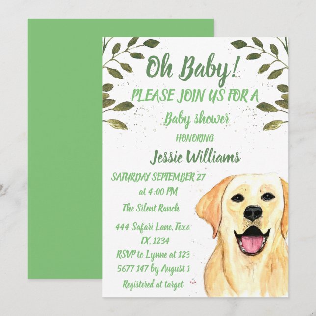 Cute Dog Puppy Labrador Green Baby boy shower Invitation (Front/Back)