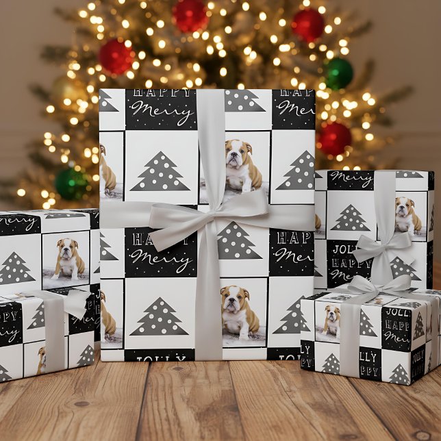 Cute Dog Puppy Pet Merry Black Christmas Tree  Wrapping Paper (Creator Uploaded)