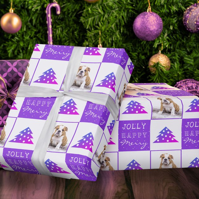 Cute Dog Puppy Pet Merry Purple Christmas Tree Wrapping Paper (Creator Uploaded)