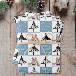 Cute Dog Puppy Pet Photo Blue Christmas Tree Wrapping Paper Sheet