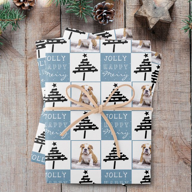 Cute Dog Puppy Pet Photo Blue Christmas Tree Wrapping Paper Sheet (Creator Uploaded)
