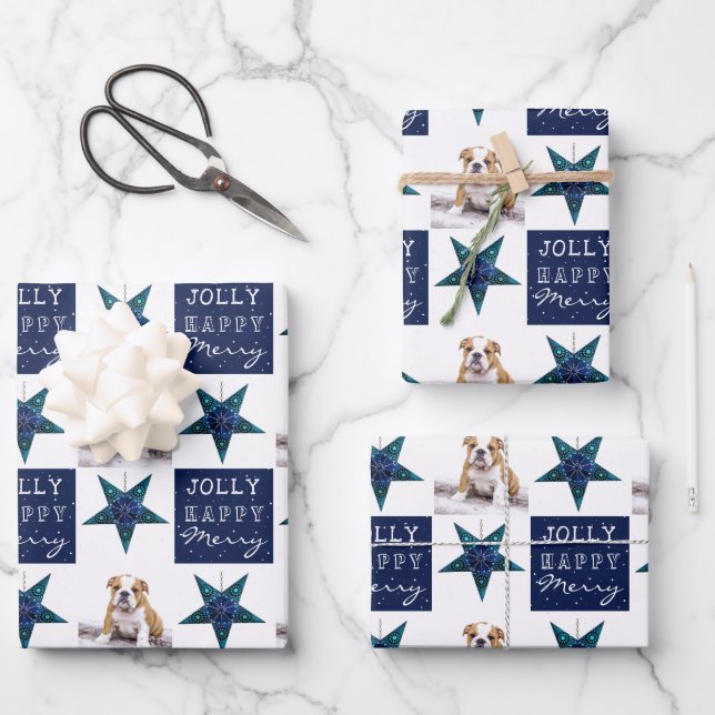 Cute Dog Puppy Pet Photo Festive Star Christmas Wrapping Paper Sheet (Front)