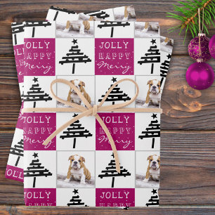 Cute Dog Puppy Pet Photo Purple Christmas Tree Wrapping Paper Sheet