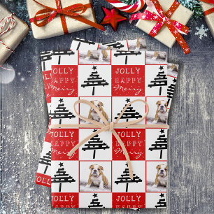 Cute Dog Puppy Pet Photo Red Christmas Tree Wrapping Paper Sheet