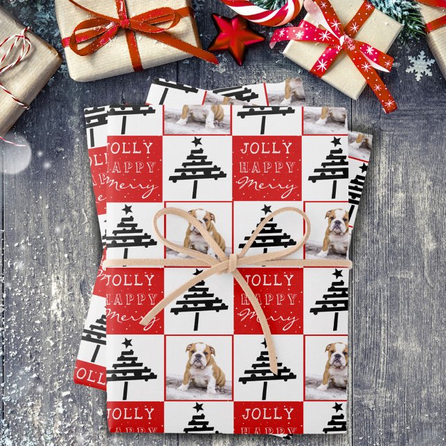 Cute Dog Puppy Pet Photo Red Christmas Tree Wrapping Paper Sheet (Creator Uploaded)