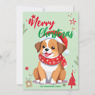 Cute Dog Puppy santa Christmas Holiday Family name Card