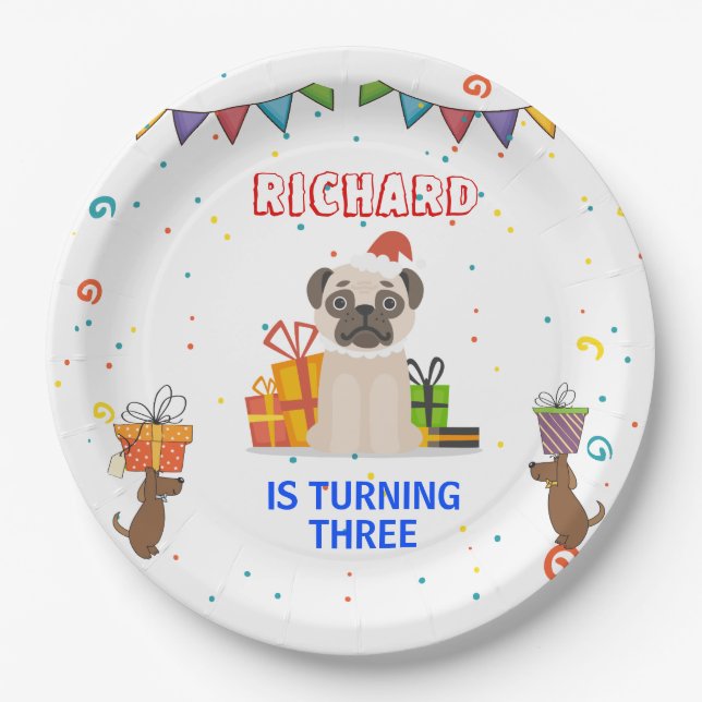 Cute Dog Puppy Themed Kid's Birthday Party Paper Plate (Front)