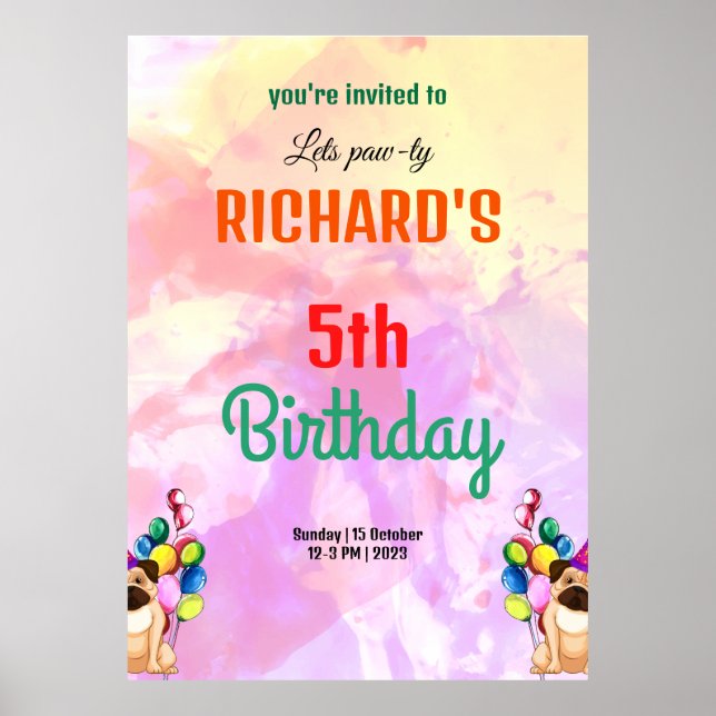Cute Dog Puppy Themed Kid's Birthday Party Poster (Front)
