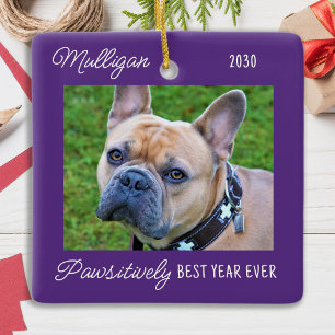 Cute Dog Purple Quarantine Christmas Pet Photo Ceramic Ornament
