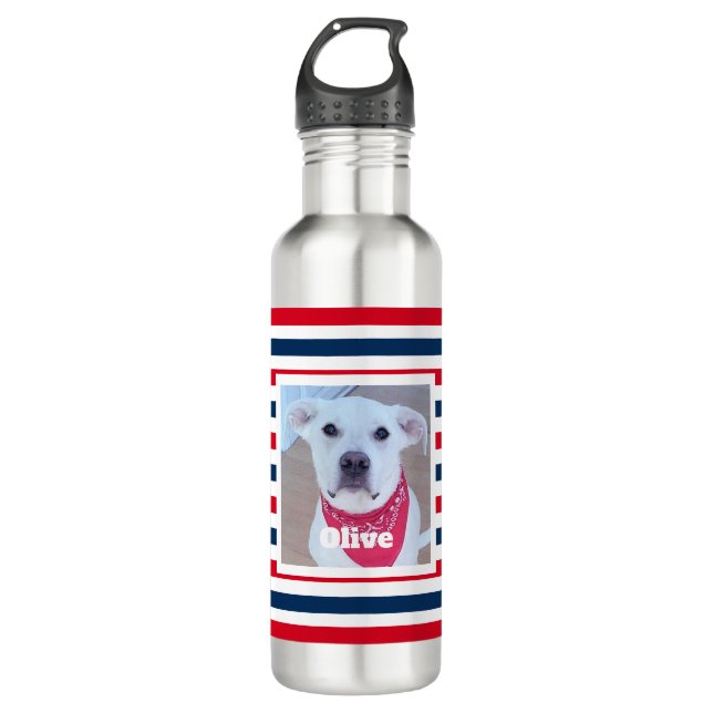 Cute Dog Red White Blue Stripes Patriotic Photo 710 Ml Water Bottle (Front)