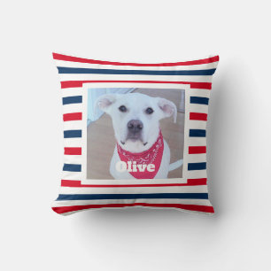 Cute Dog Red White Blue Stripes Patriotic Photo Cushion