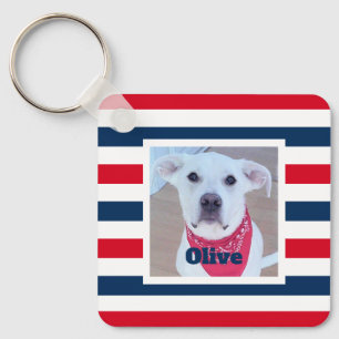 Cute Dog Red White Blue Stripes Patriotic Photo Key Ring