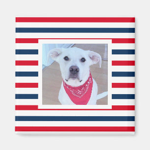 Cute Dog Red White Blue Stripes Patriotic Photo Magnet