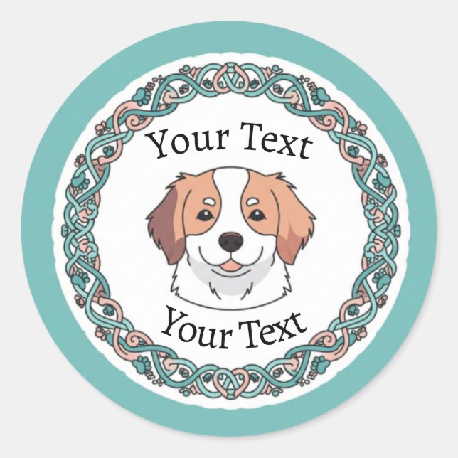 Cute Dog Round Sticker with Custom Text (Front)