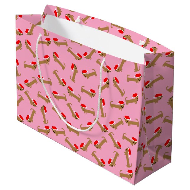 Cute Dog Santa Dachshund Pattern Pink Christmas Large Gift Bag (Back Angled)
