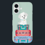 Cute Dog Sat on Suitcases Personalised iPhone 16 Case<br><div class="desc">Adorable dog sat on suitcases.</div>