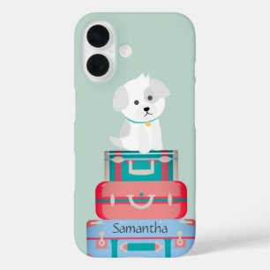 Cute Dog Sat on Suitcases Personalised iPhone 16 Case