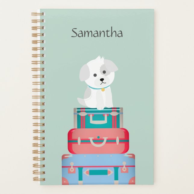 Cute Dog Sat on Suitcases Personalised Planner (Front)