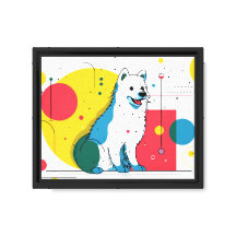 Cute dog sits in colourful art space