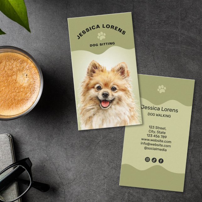 Cute Dog Sitter, Pet Groomer, Dog Walker Business Card (cute pet sitter business card with paw print and watercolor dog illustration)
