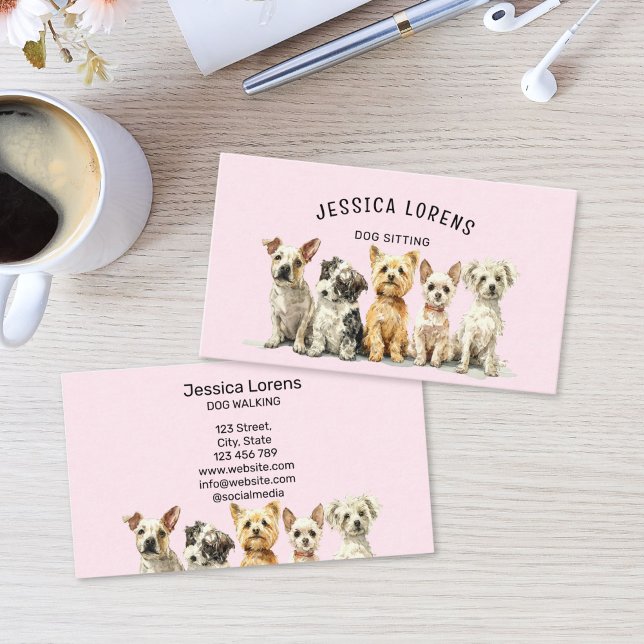 Cute Dog Sitter, Pet Groomer, Veterinarian, Puppy  Business Card (Cute Dog Sitter, Pet Groomer, Veterinarian Business Card with pink background and watercolor puppies)