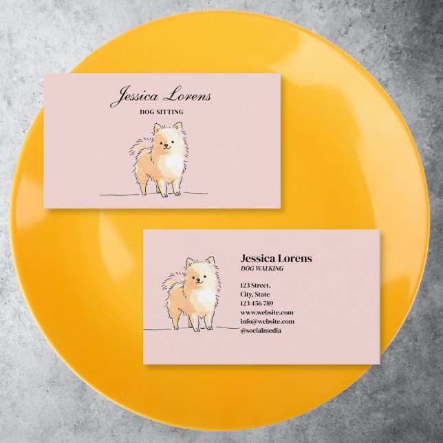 Cute Dog Sitter, Pomeranian Puppy Pet Groomer Business Card (cute watercolor Pomeranian illustration)