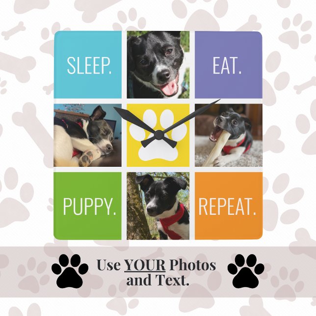 Cute Dog Sleep Eat Repeat Animal Lover's Modern  Square Wall Clock (Custom dog photo and text fur mom gift for Mother's Day. Great for animal lovers and pet owners.)