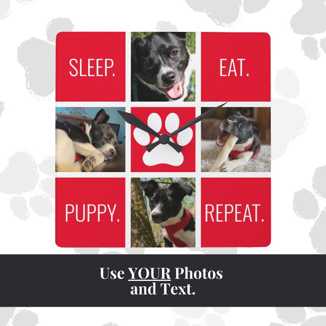 Cute Dog Sleep Eat Repeat Animal Lover's Modern  Square Wall Clock (This dog mom custom photo and text clock is a cute, practical and unique gift for Mother's Day!)