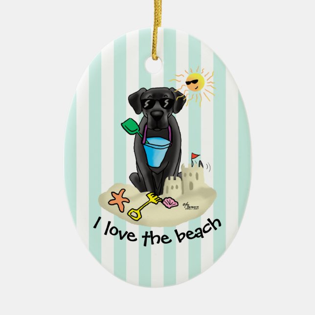 Cute Dog - Summer Beach Black Labrador Retriever Ceramic Tree Decoration (Front)
