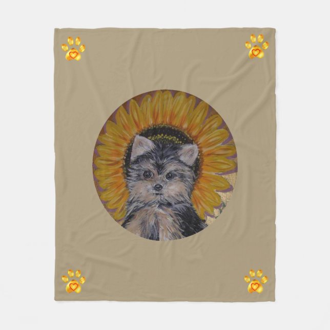 Cute Dog, Sunflower and Gold Paws Fleece Blanket (Front)