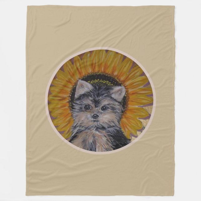 Cute Dog, Sunflower on Light Beige Fleece Blanket (Front)
