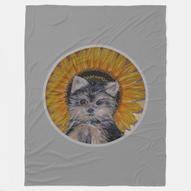 Cute Dog, Sunflower on Silver Grey Fleece Blanket (Front)