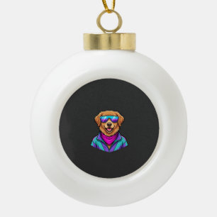 Cute Dog Sunglasses Retro Neon Art_1 Ceramic Ball Christmas Ornament