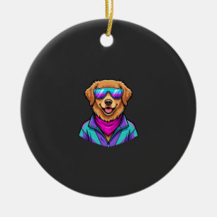Cute Dog Sunglasses Retro Neon Art_1 Ceramic Tree Decoration