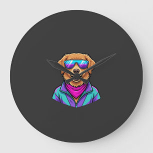 Cute Dog Sunglasses Retro Neon Art_1 Large Clock