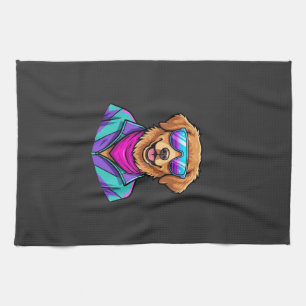 Cute Dog Sunglasses Retro Neon Art_1 Tea Towel