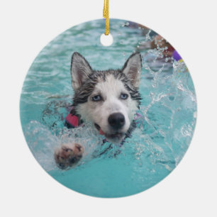 Cute dog swimming in pool ceramic tree decoration
