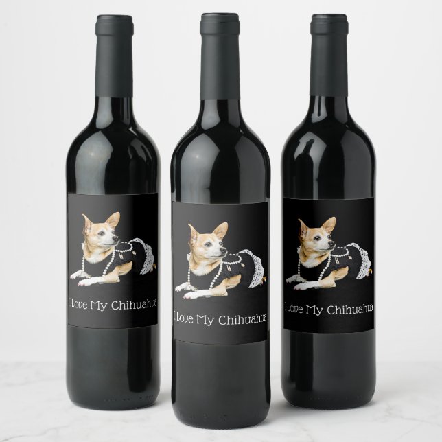 Cute Dog Tan Black White I Love My Chihuahua Wine Label (Bottles)