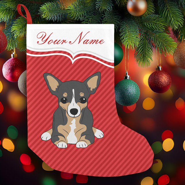 Cute Dog Tricolor Chihuahua Red Stripes Small Christmas Stocking (Tricolor Chihuahua red striped Christmas stocking for you to personalize)