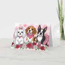 Cute Dog Trio Roses Valentine's Day Card - Pet Lov
