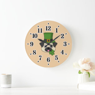 Cute Dog w Green Hat and Shamrock St Patrick's Large Clock