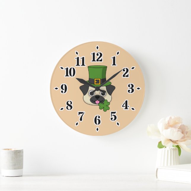 Cute Dog w Green Hat and Shamrock St Patrick's Large Clock (Home)